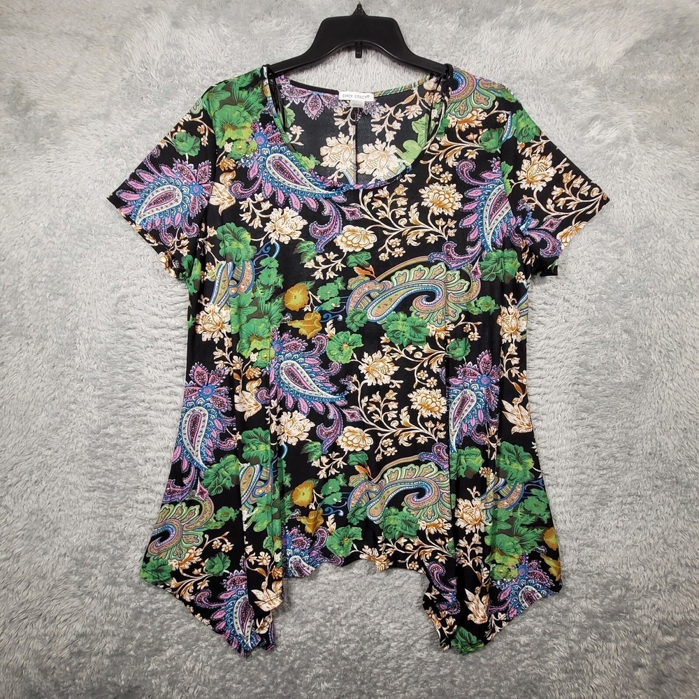 Emily‎ Stacy Tunic Top Womens 3X Black Multi Color Paisley Floral Sharkbite Hem